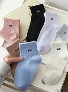 1/7 Pairs Women Candy Color Letter Print Ankle Short Socks, Fashion Casual Versatile For Everyday Wear