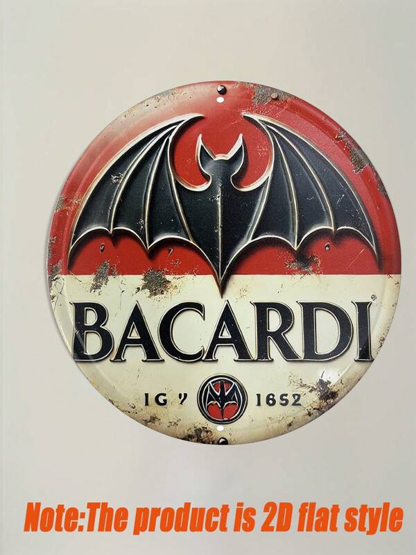 20.32x20.32cm Vintage Bacardi Iron Wall Sign, Round Metal Plaque With Distressed Red & Black Bat Pattern, Suitable For Home Bar Decor, Gift Ideas, Metal Wall Art Decoration, Perfect For Room Decoration
