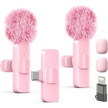 1in 2 Pink Professional Wireless Lapel Microphone, Equipped With Dual Lightning And Type-C Interfaces, Compatible With IPhone And IPad. Suitable For Small-Scale Video Recording, Interviews, Video Podcasts, Vlogs, And Live Streaming. Features Noise-Canceling Technology And Is Plug-And-Play.