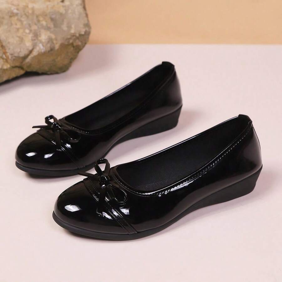 Glossy Platform Fashion Flats, Bowknot Low Heel Slip-On Loafers, Casual Shoes For Teenagers - Black - View 1