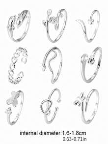 Set de 9 piezas de tobilleras ajustables, incluye formas de serpiente, mariposa, libélula, delfín, corazón, hoja y otras, adecuado para mujeres y niñas - Plateado - Ver 5