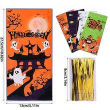 50pcs OPP Transparent Halloween Candy Bags Set, Pumpkin & Witch Halloween Elements Colorful Printed Gift Packaging Bags, Ribbons For Party Favors
