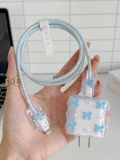 5pcs Small Blue Bow And White Pearls Design Mobile Phone Charger Set 20W/18W, Charging Cable Protection Rope, Charging Head Protection Case, Compatible With IPhone Charger Cable Protector, Charger Accessories, Phone Accessories