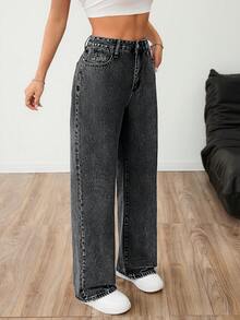 Casual Washed Denim Wide Leg Jeans For Women Long With Flakes Details Non-Stretch Fabric