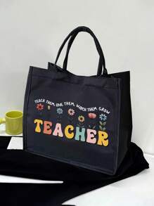 Bolsos de lino con impresión de palabras "Profesor", patrones de flores, letras con patrones de dibujos animados y animación. Incluye bolso cosmético con cremallera, bolso de aseo portátil, bolso de maquillaje, bolso de almacenamiento portátil de gran capacidad, bolsas grandes, bolsas de compra negras, monederos, regalos de agradecimiento para maestros y bolsos de lino de gran capacidad para mujeres. Adecuado para turismo, compras y actividades de playa, de vuelta a la escuela.
