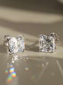 1pair Graceful 925 Sterling Silver Stud Earrings With Dazzling Square-Cut Zirconia, Accessory For Ear Elegant And Refined Jewelry For Every Fashion-Forward Woman, The Perfect Gift For Birthdays Or Anniversaries