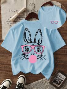 A Casual Printed Round Neck Pullover Short Sleeved T-Shirt For Girls And Boys, Designed For Summer Students And Young Children's Clothing - Cute, Glasses Wearing, Rabbit Animal Series, Artistic Style T-Shirt That Inspires Imagination And Self-Expression! Kids Clothes Girls Graphic Tees Summer Tops Tween Girl Clothes