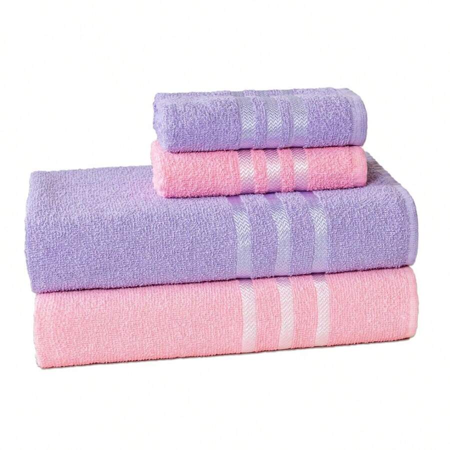 Europa Enxuta 4-Piece Towel Set 100% Cotton - Large Thick - 淡紫色和淡粉紅色 - 查看 1