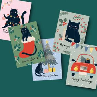 1/5pcs CAT Christmas Cards, Funny Black Cat Christmas Cards, Boxed Holiday Card Set