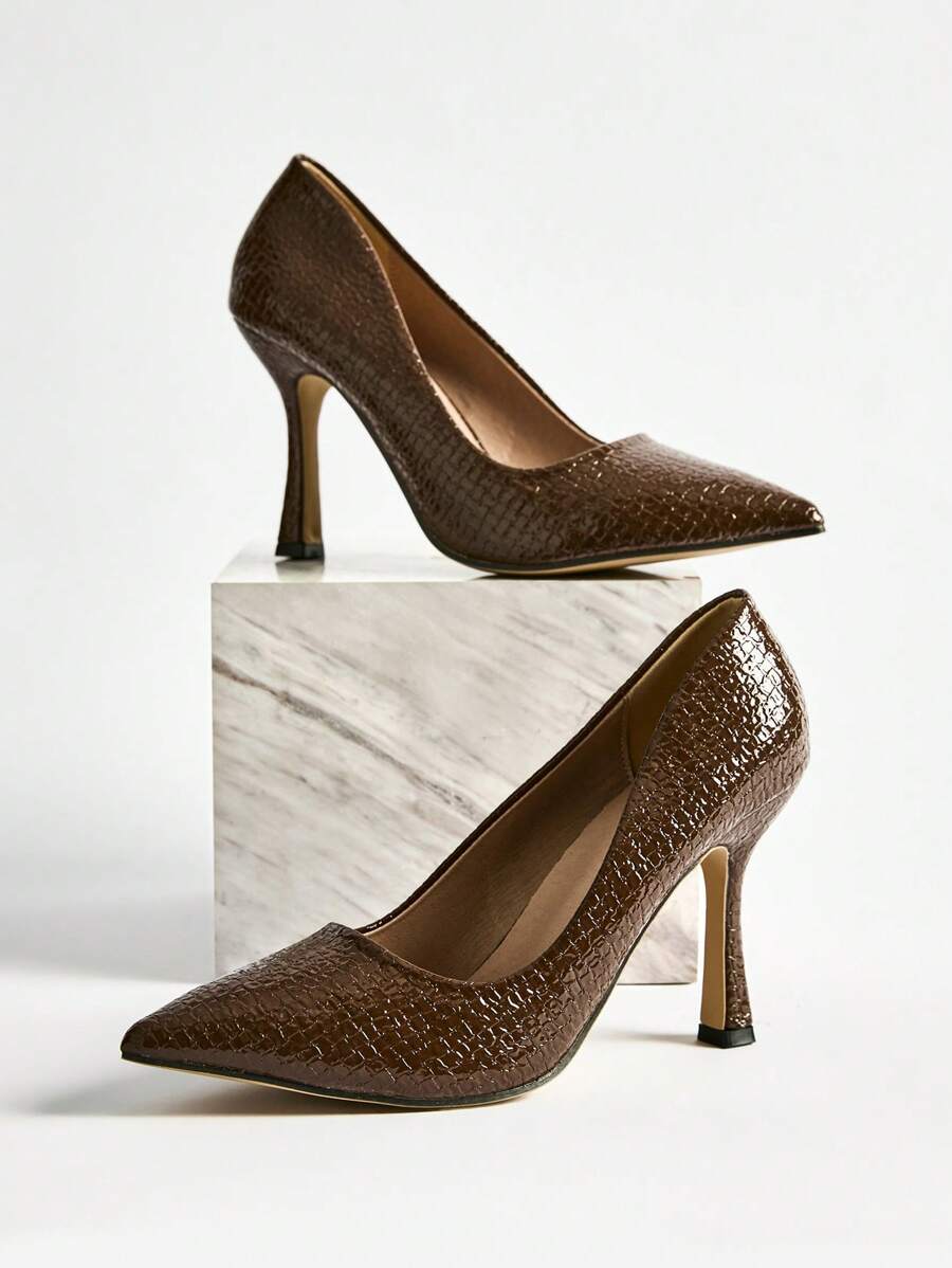 Zapatos de tacón alto para mujer, zapatos básicos marrones, diseño minimalista, estampado de piel de serpiente sintética, brillantes, tacón de aguja delgado, zapatos formales para vestidos, zapatos para bodas y fiestas, elegante moda, súper tacón alto, regalos de Navidad de invierno
