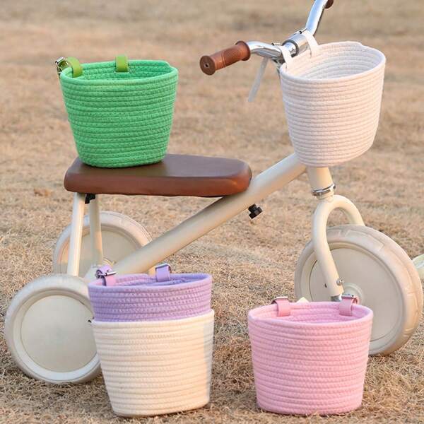 1pc Handmade Woven Rope Bicycle Basket - Colorful Pattern, Durable Handle Basket Suitable For Bicycle, Scooter And Balance Bike - Foldable, Detachable Bicycle Front Basket, Fits Most Bikes, Gift For Valentine's Day, Easter, Mother's Day, Women's Day, Balance Bike Upgrade, Natural Woven Texture