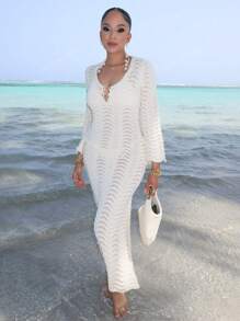 Melissa Matos Vestido Suéter de Playa con Mangas Acampanadas de Onda Calada de unicolor, Sexy