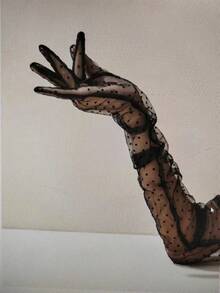 1 par de guantes de novia con volantes y estampado de lunares para mujer, accesorios de boda de otoño - Negro - Ver 4