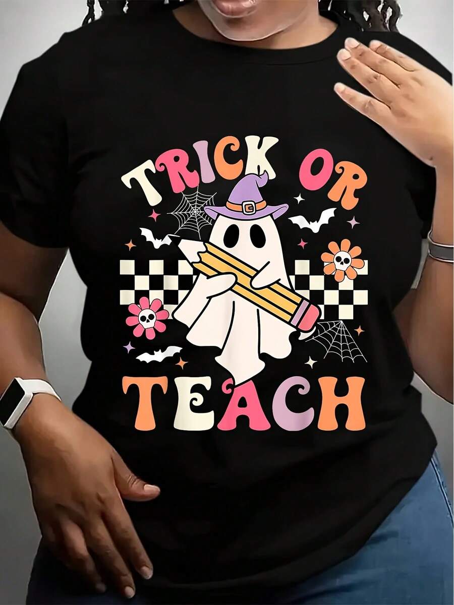 Trick Or Teach Groovy Teacher Halloween Retro Floral Ghost T-Shirt - 黑色 - 查看 1