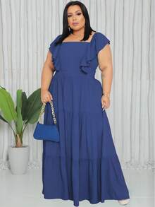 Plus Size Long Dress With Ruffle On The Shoulder - Navy Blue - View 1