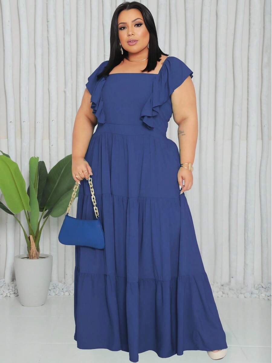 Plus Size Long Dress With Ruffle On The Shoulder - Navy Blue - View 1