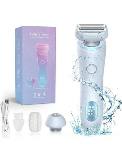 Blue Electric Razors Shaver For Women, 2-IN-1 Women Electric Razor For Leg Arm Face Pubic Area, Cordless Bikini Trimmer Hair Removal For Women With Detachable Head, Painless,IPX7 Waterproof,Wet & Dry