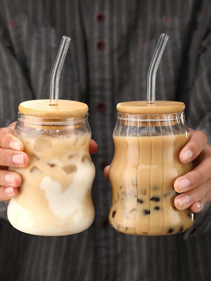 1个玻璃咖啡杯，优雅饮用玻璃杯，适用于冰咖啡、茶、果汁，独特的咖啡茶杯，现代波浪/罗纹设计，夏季冷饮杯，酒吧玻璃器皿，创意女士礼物，家居厨房必备 - 無色 - 查看 1