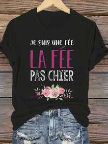 Plus Size Women T-Shirt French Text Floral Crew Neck Short Sleeve Casual Spring Summer Fall Vacation Black - Black - View 7