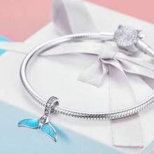 WOSTU 1 Stück 925 Sterling Silber Charm Muschel Meerjungfrau Fischschwanz mit blauem CZ Stein für Halskette & Armband DIY Sommer Schmuckgeschenk