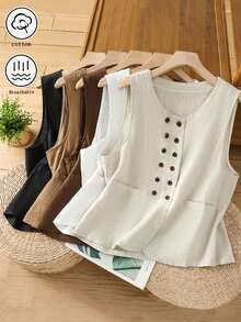 Vintage Loose Fit Round Neck Double-Breasted Sleeveless Top, Versatile Casual Jacket