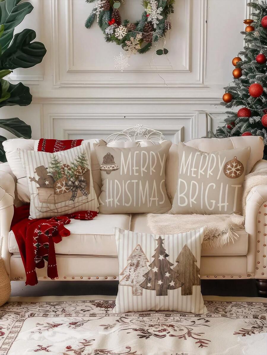 4pcs Christmas Merry Christmas Pillow Covers, Christmas Decorative Cushion Covers, Christmas Tree, Christmas Sled, Red Plaid, Black Plaid, Christmas Gifts, Machine Washable & Dry Clean, Invisible Zipper, Suitable For Room Decor, Sofa Decor, No Pillow Insert - Brown - View 1