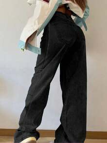 Women's Wide Leg Straight Leg Jeans, Non Stretch Front Button And Pocket Casual Loose Denim Pants - 灰色 - 查看 2