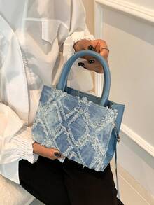 Denim Blue Fashion Fringe Mini Square Bag With Adjustable Shoulder Strap, Women Casual Solid Color Handbag Bag, Stylish Aesthetic Shoulder Crossbody, Cute Simple School Crossbody, Shoulder Crossbody Bag, Tote Messenger, Women Vintage Jeans Purse - 彩色 - 查看 4