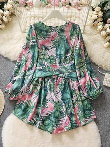 Random Floral Print V-Neck Long Sleeve Jumpsuit - Green - View 4