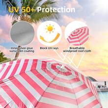 Heavy Duty Folding Beach Umbrella, Large 220cm Multicolor Garden Umbrella With Carry Bag, Lightweight Sun Umbrella UV 50 Protection Outdoor Umbrella With Aluminum Tube, Ideal Umbrella For Outdoor/Beach/Summer - rojo rayas - 查看 5