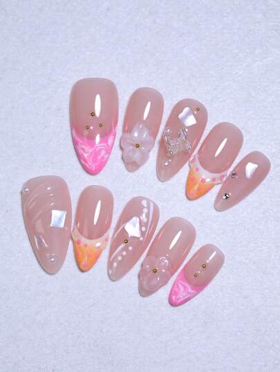 Uñas postizas de estilo francés, 10 piezas de almendra 100% hechas a mano con decoración de flores talladas a mano y adornos de conchas, de larga duración y reutilizables para DIY, belleza de uñas, fiestas y uso diario