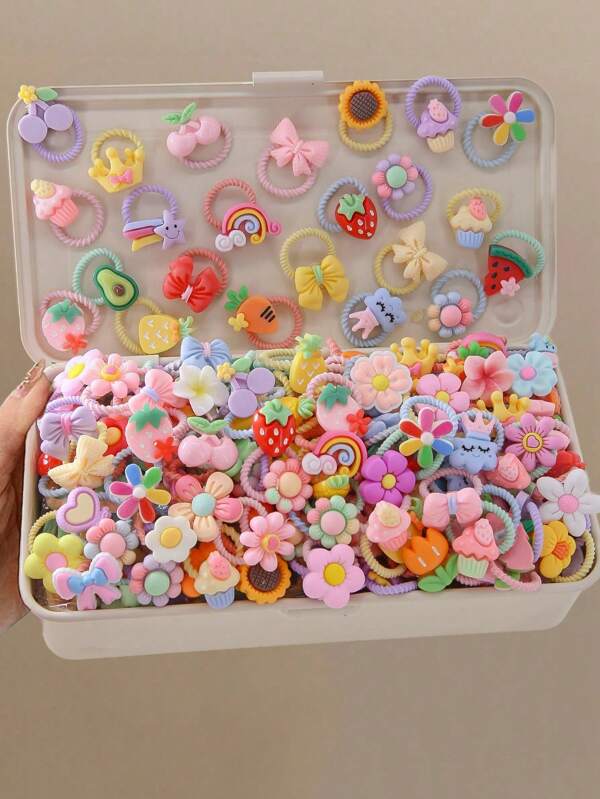 40pcs/Set Baby Girls Children Hair Scrunchies Set, Cartoon Animal, Rainbow, Clouds, Bow, Flower, Watermelon Cute Princess Mini Hair Ties, Elastic No-Damage Hair Bands Hair Accessories, Daily Use