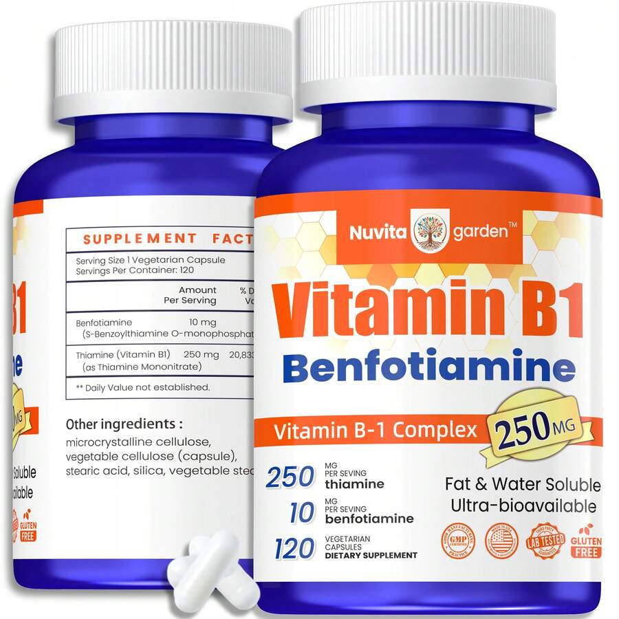 Vitamin B1 Thiamine 250mg With Benfotiamine 10mg Supplement -Thiamine B1 Supplement For Healthy Nervous System & Energy Metabolism, Gluten-Free - 120 Capsules - không có hương vị - Xem 1