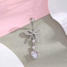 1pc Silver Color Zirconia Belly Button Ring With Bowknot Piercing Jewelry - Silver - View 7