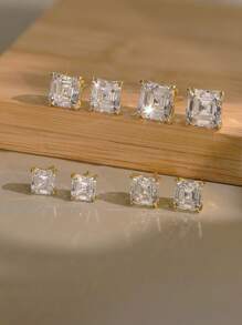 1pair Graceful 925 Sterling Silver Stud Earrings With Dazzling Square-Cut Zirconia, Accessory For Ear Elegant And Refined Jewelry For Every Fashion-Forward Woman, The Perfect Gift For Birthdays Or Anniversaries
