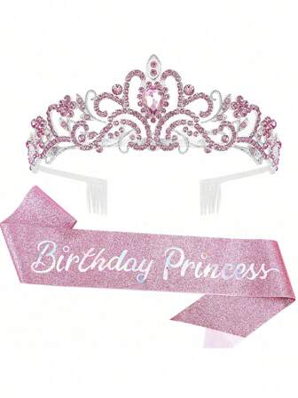 Corona con brillantes y cristales de Rhinestone en color rosa, banda de princesa para cumpleaños, decoraciones y accesorios para fiesta de cumpleaños de princesa