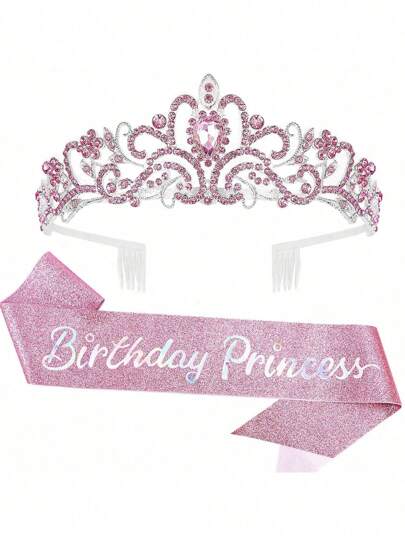 Bling Rhinestone Crystal Pink Crown Tiara Birthday Princess Sash And Crown For Women Birthday Princess Party Decorations Accessories