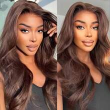 QVR QUEEN VIRGIN REMY 5x5蕾丝前置波浪卷发真人发假发，自然发际线，透明蕾丝闭合假发，预先拔毛，无需胶水，巧克力棕色 - 巧克力棕 - 查看 4