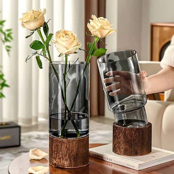 1 Pc Modern Acrylic Cylindrical Wooden Vase, Black Transparent Decorative Vase, Shatterproof And Easy To Clean, Suitable For Hydroponics, Fresh Flowers, Floral Arrangements, Living Room, Bedroom, Desktop Decor