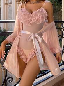 Women's Lingerie Set Mesh Layered Lace Ruffles Solid Sheer Babydoll Bodysuit Long Sleeve Outer Robe And Belt 3 Pcs Set - Pink - View 2