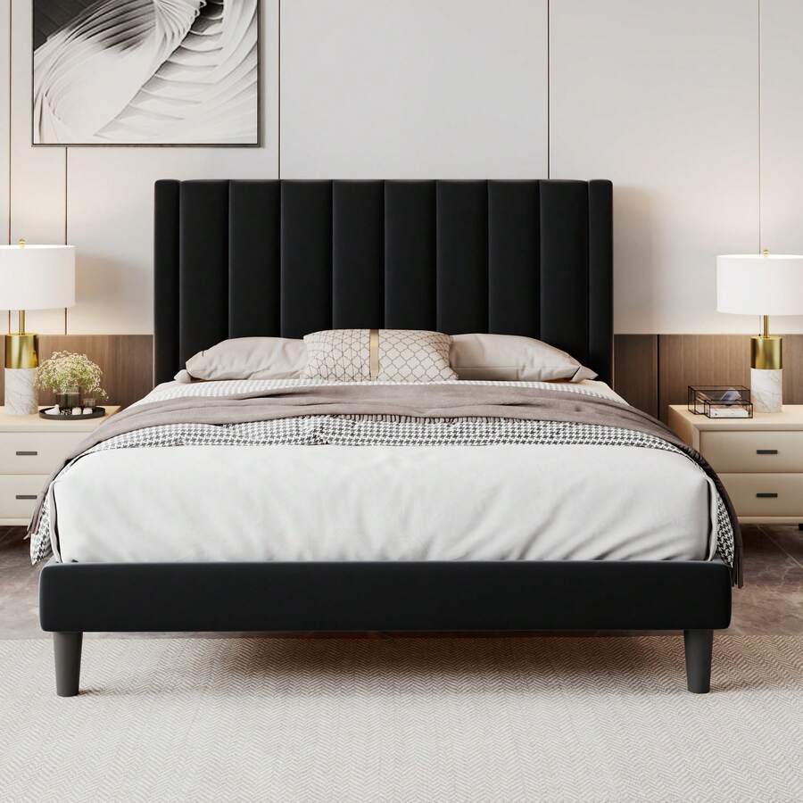 SHA CERLIN Twin/Full/Queen/King Velvet Upholstered Platform Bed Frame With Headboard, Strong Wood Slats Support, No Box Spring Needed, Black - 黑色 - 查看 1