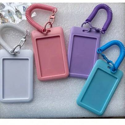 1pc Solid Color Card Holder Macaron Style Plastic Material, Portable Durable Spring Keychain Card Case For School ID/Credit Card/Bus Pass, Suitable For Students, Also As Gifts For Friends School Supplies,Back To School
