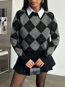 Women's Diamond Pattern Long Sleeve Casual Fine Cashmere Sweater, Suitable For Date Night - Grey - View 1