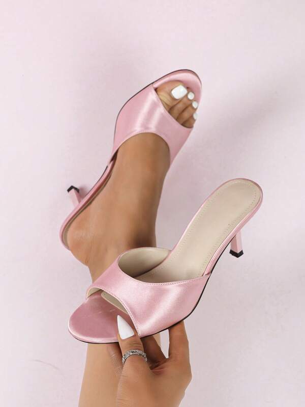 Women's New British Style Fashion French Sexy Elegant Round Toe Slip-On Comfortable Minimalist Mid-High Heel Glossy Lacquer Slim Square Heel Loafers, Versatile For Commuting, Warm Color Tone Light Pink Monochrome, Lightweight Canvas Material, Suitable For Spring, Autumn, Social Occasions, Street Style