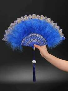 1pc Women Retro Feather Lace Folding Fan, Classical Dance Cheongsam Prop, Stage Performance Hand Held Fan For Costume Party