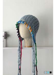 1pc Handmade Crocheted Tassel Tie Hollow Breathable Knitted Beanie Hat For Women, Colorful Floral Pattern, Large Size Fits All, Warm Ear Protection, Casual Versatile Knit Cap For Autumn/Winter