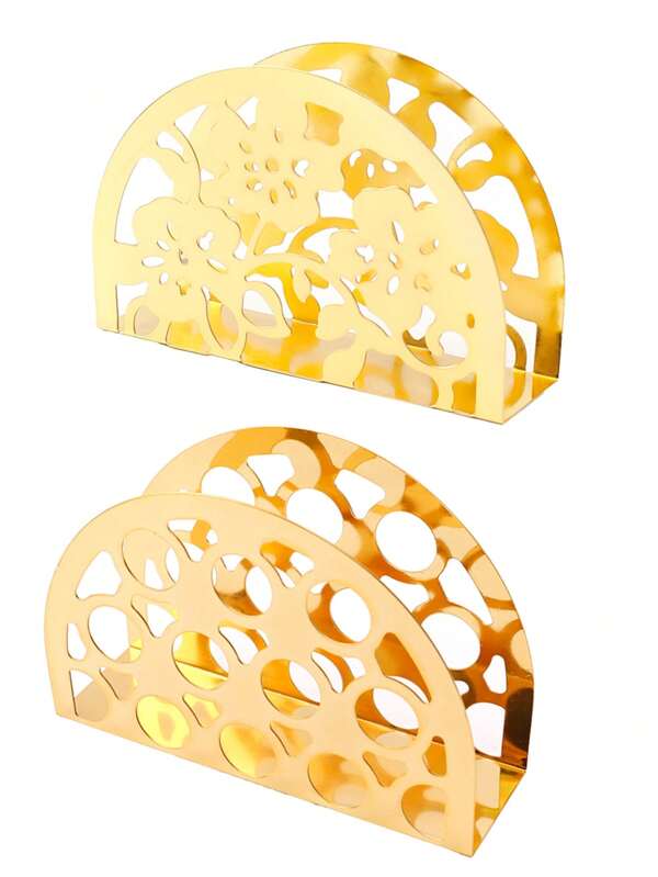 1pc Gold Hollow Semicircle/Semicircular Flower Napkin Holder, Decorative Tissue Paper Dispenser, Metal Napkin Rack For Home Use
