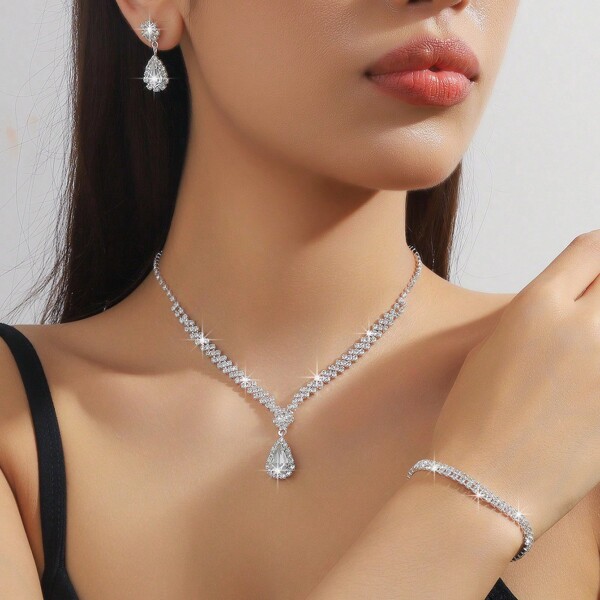 4/3 pièces Ensemble de bijoux femme - collier, boucles d'oreilles et bracelet à pendentif en larme simple, avec strass. Accessoires de robe de mariée. Convient pour les fêtes, les cadeaux et le port quotidien