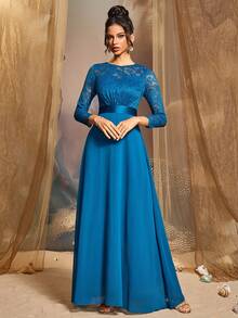 New Style Elegant Solid Color Chiffon And Lace Patchwork Dress, Perfect For Evening Dates, Weddings, Parties, Formal Events, Receptions, Concerts, Stage Performances, Fourth Quarter