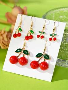 1/3 对时尚亚克力水钻樱桃叶吊坠耳环，多色
